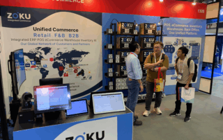 Trade show booth with technology displays.